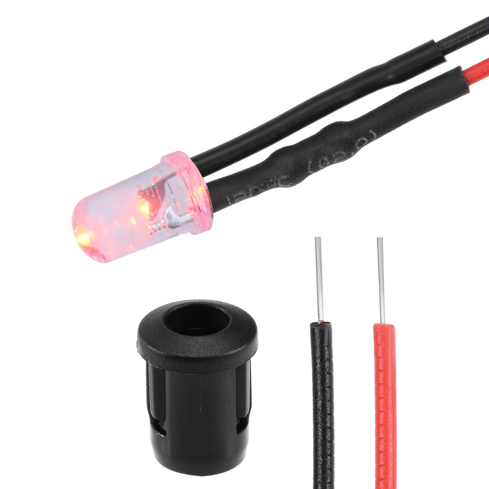 5Set DC12V 5mm Pre Wired LED with Holder Red Light Clear Lens 8mm Panel Mount