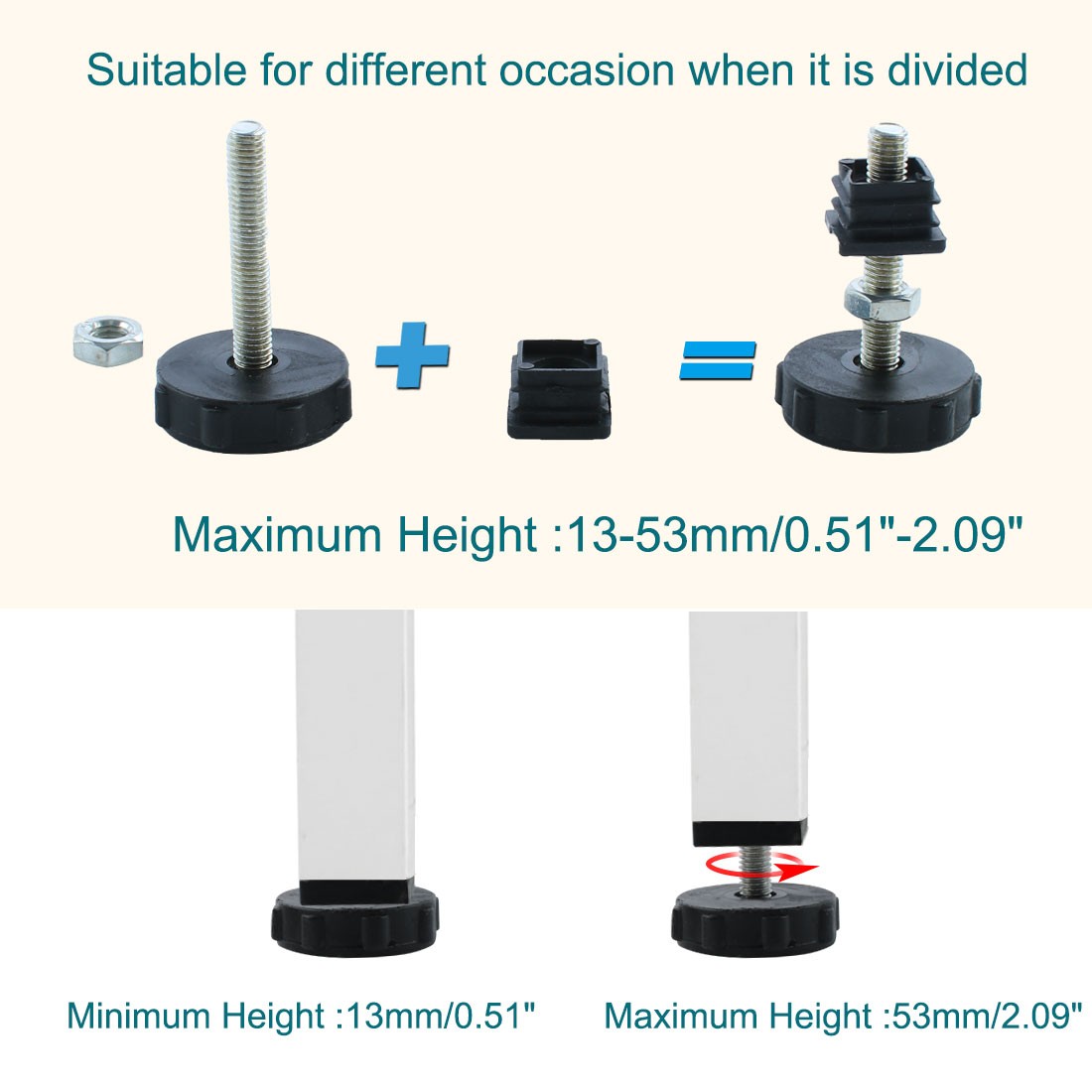 Adjustable Leveling Feet 20 x 20mm Square Inserts Furniture Glide 8 Sets