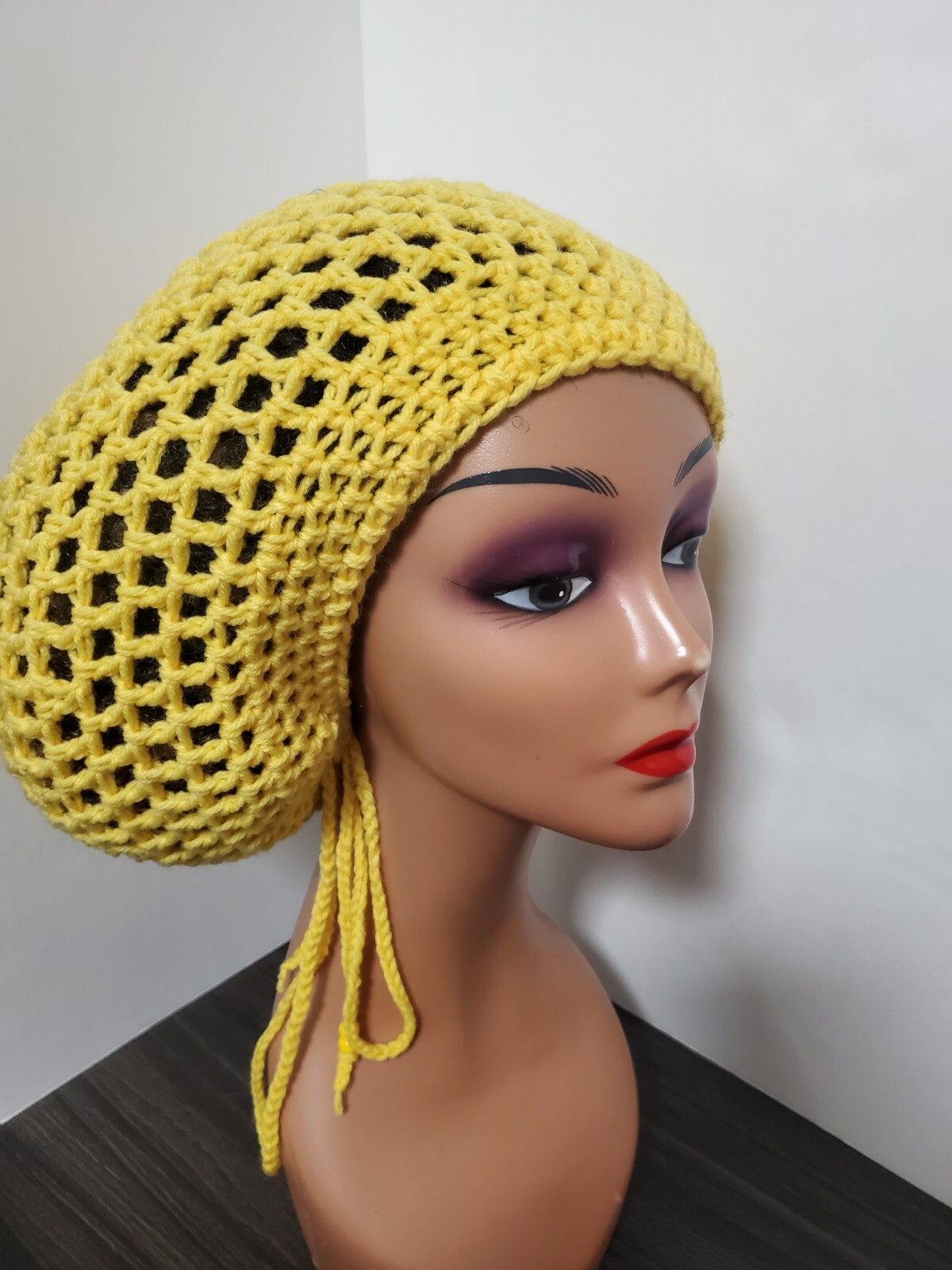 Handmade Yellow Crochet Dreadlock Tam with drawstring Slouchy Hat