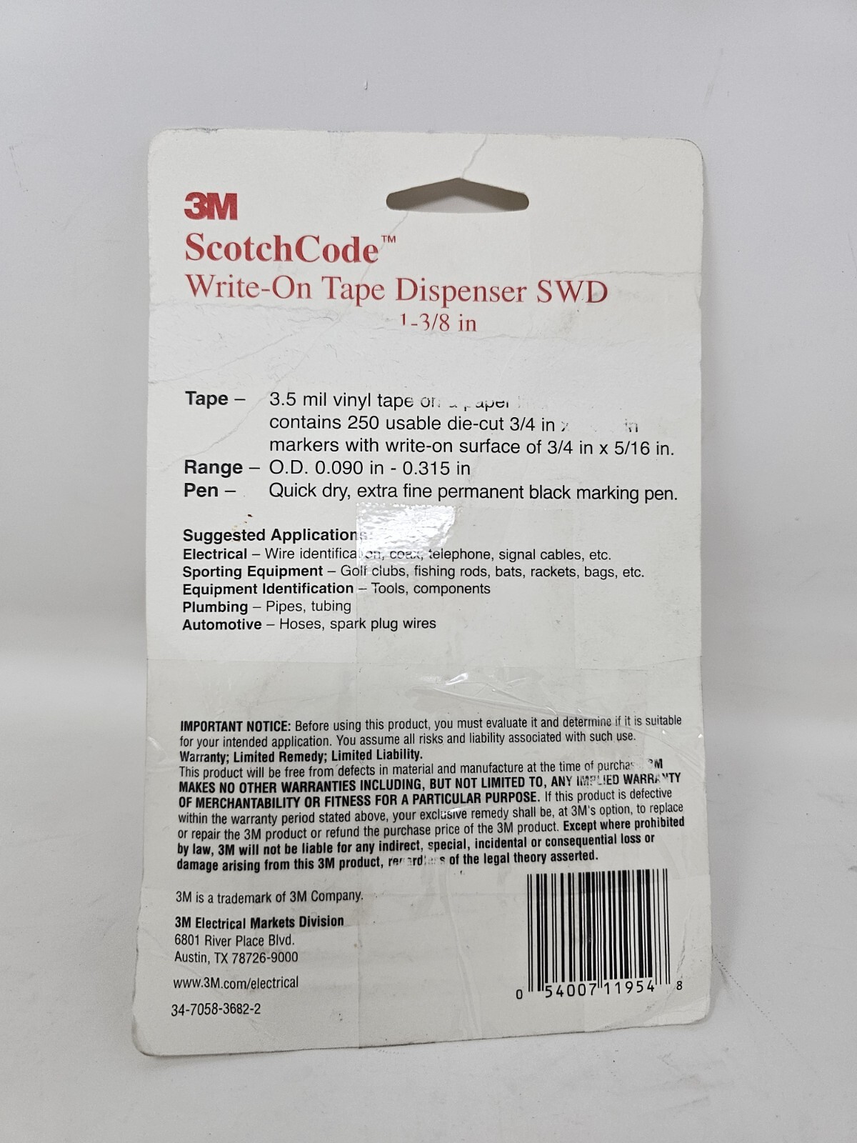 3M SWD ScotchCode Wire Marker Write-On Dispenser Tape only USA