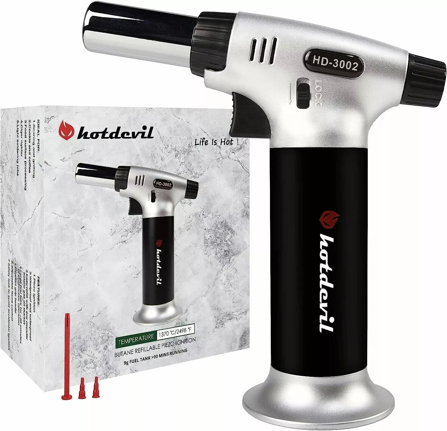 Hotdevil Butane Adjustable Flame Torch 9g Refillable Tank Cooking Lighter Blow