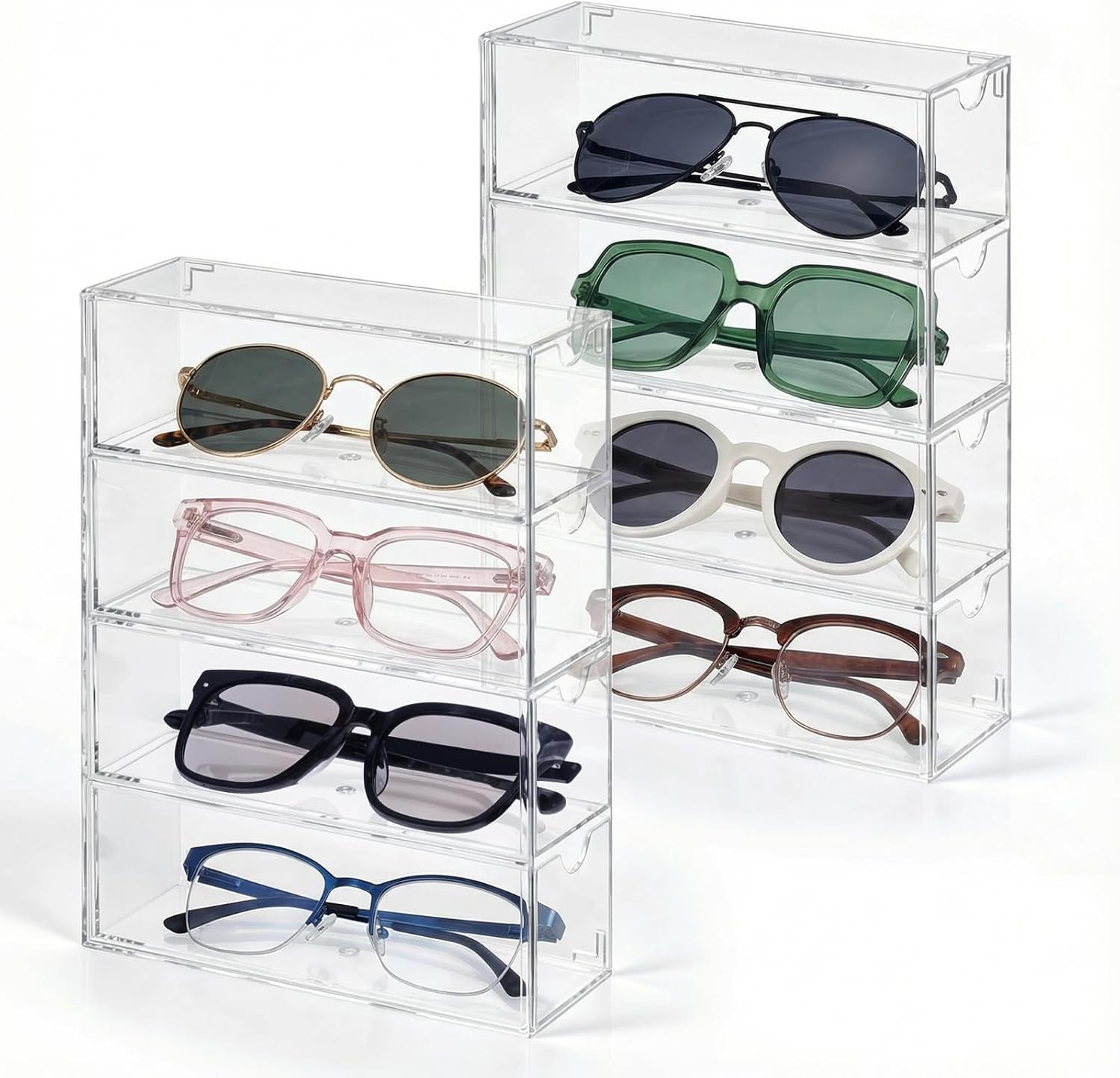 2PCS Clear Acrylic Sunglasses Organizer Plastic Stackable Eyeglass Case Storage