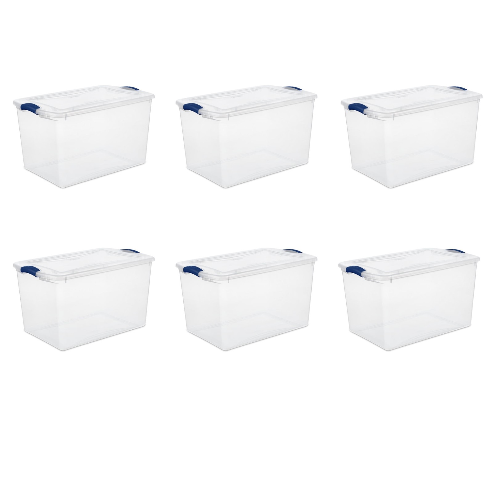 66 Quart Clear Plastic Storage Container with Latch Lid, Blue, 6 Count