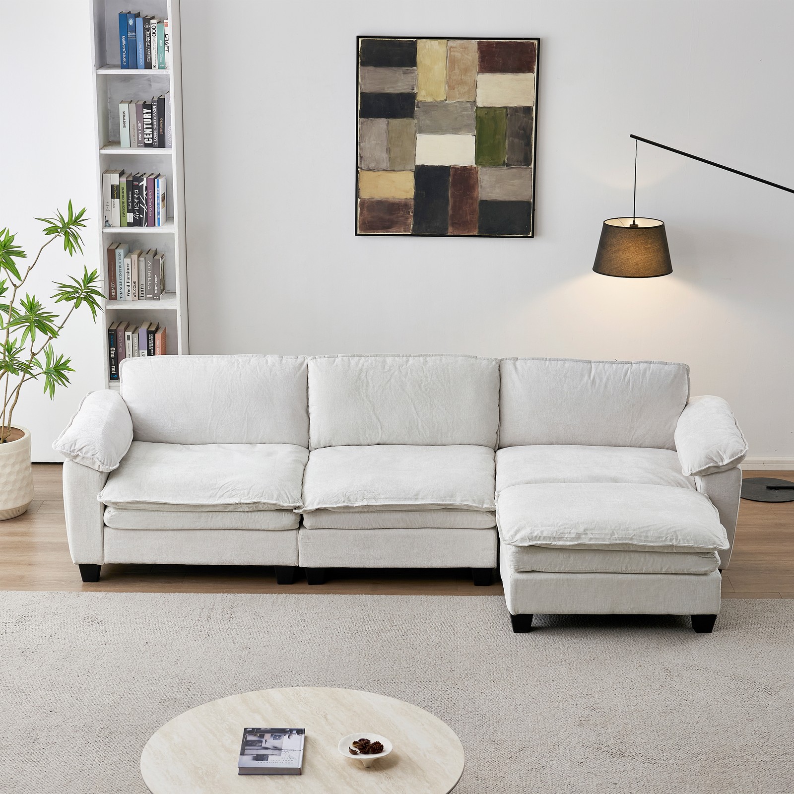 Upholstered L Shape Sofa Couch Living Room Sofa Luxury Couch with Ottoman Beige