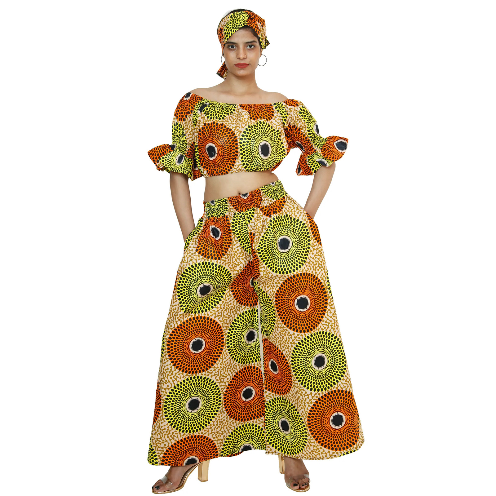 African Women's Off Shoulder Crop Top with Pants Set -- FI-4039
