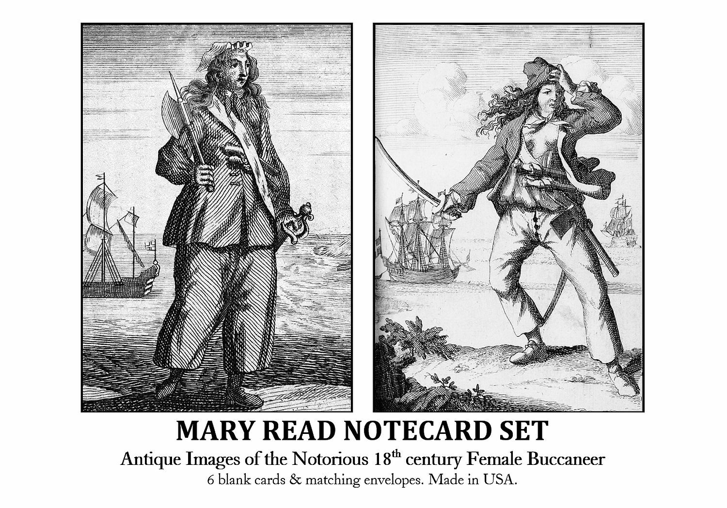 Mary Read Female Pirate Notecard Set. Vintage 18c b&w book illustrations