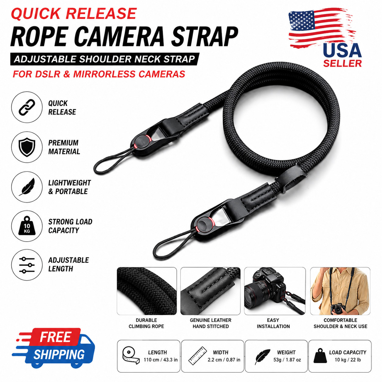 Quick Release Rope Camera Strap Adjustable Shoulder Neck Strap DSLR Mirrorless