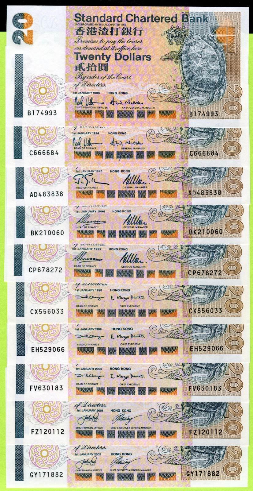 Hong Kong 20 Dollars 1993 1994 1995 1996 1997 1998 1999 2000 2001 2002 P285 UNC