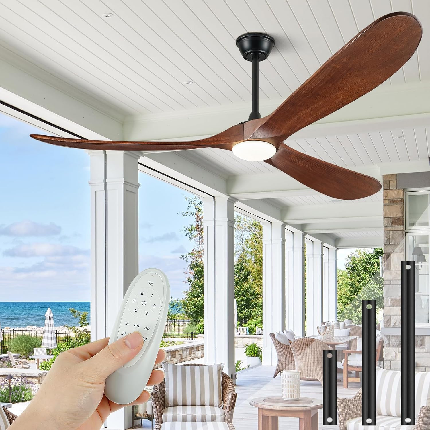 60" Outdoor Ceiling Fan with Lights & Remote - Quiet Walnut Propeller Fan