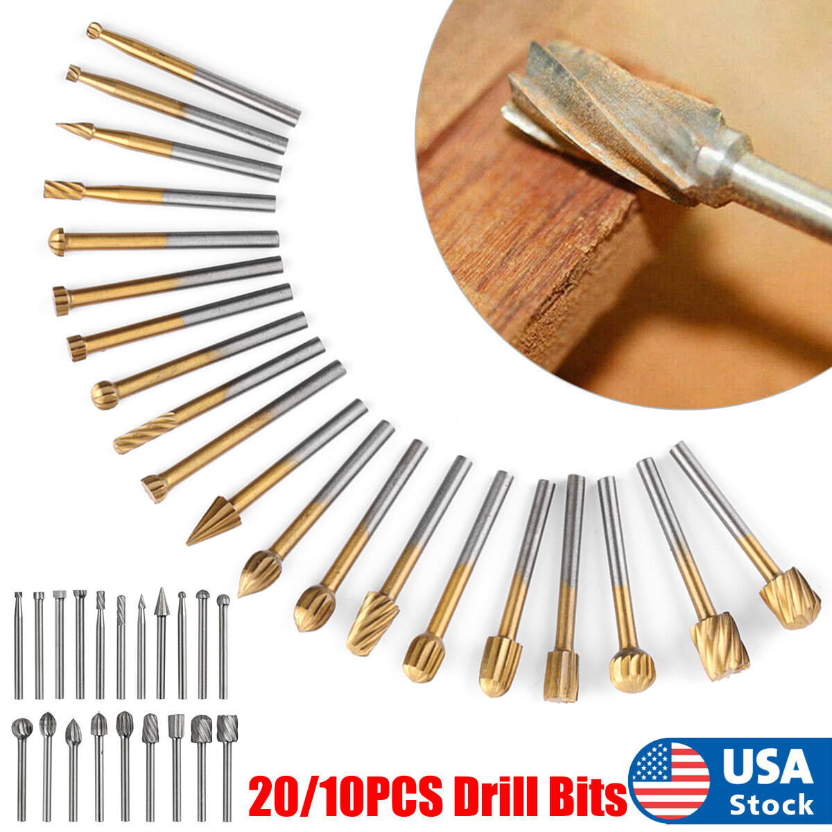 20/10PCS Steel Rotary Burrs High Speed Wood Carving Drill Bits Tool For Dremel