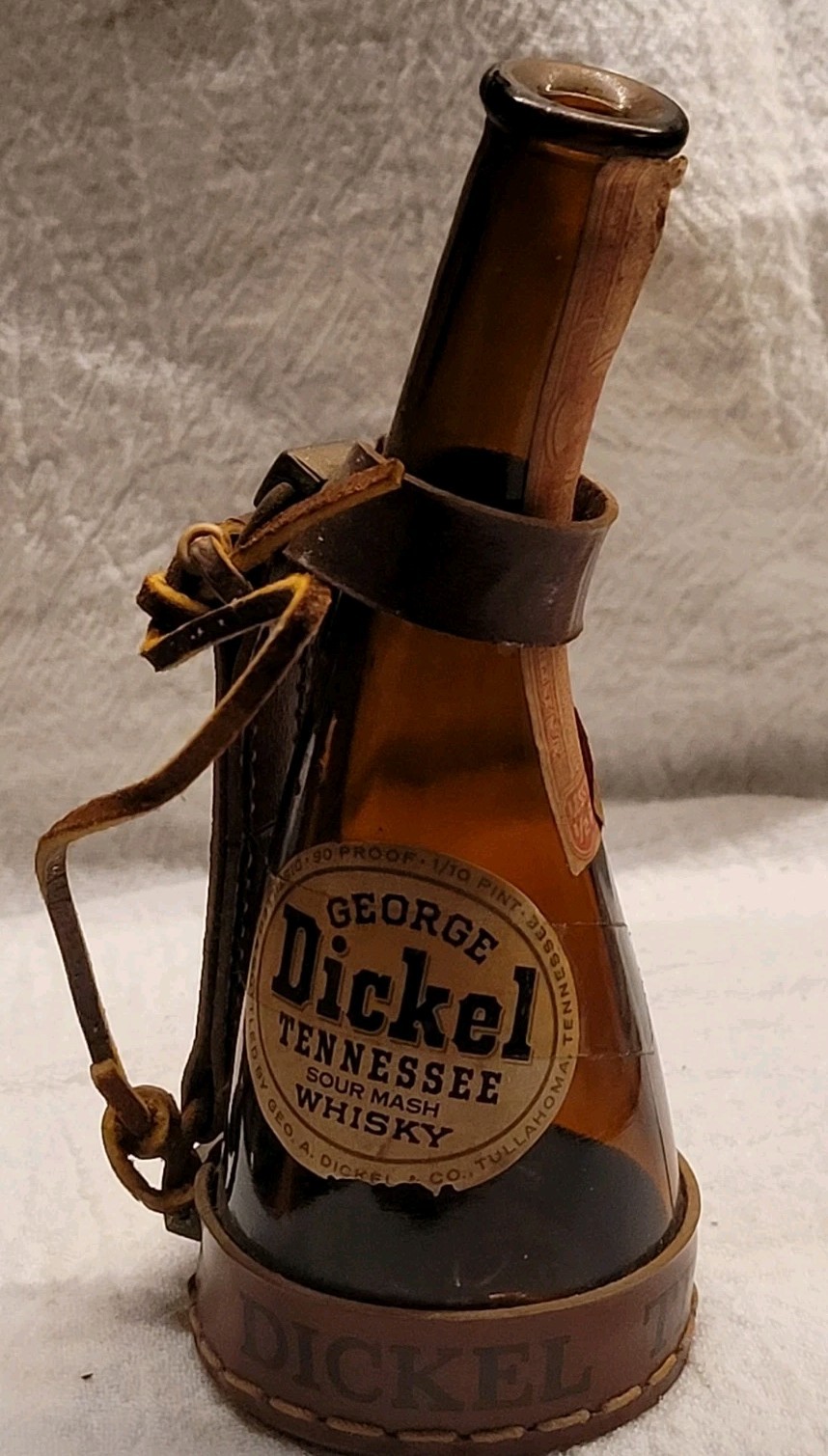 Vintage George Dickel Miniature Powder Horn Whiskey Bottle w Leather Works Nice