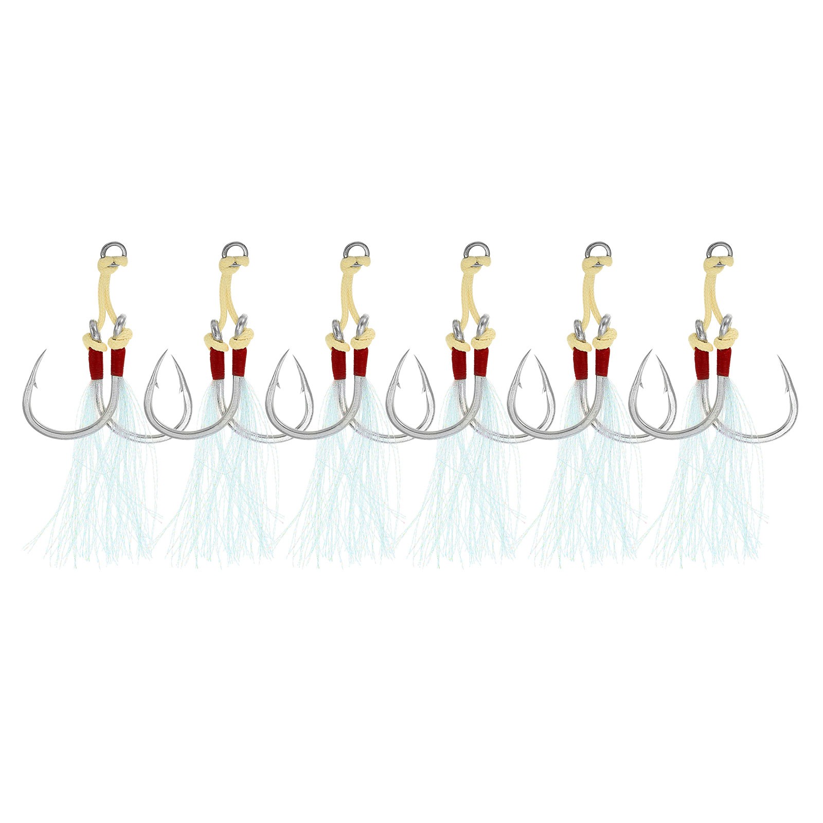 6pcs Fishing Assist Hooks Kit Double Jigging Hook Glow Tassel(9/0#, 3.7"x0.9")