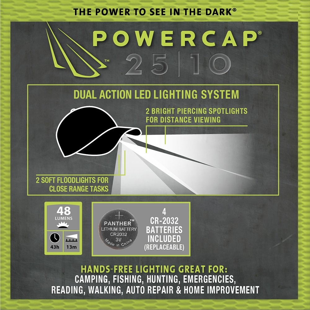 POWERCAP LED Hat 25/10 UltraBright Hands Free Lighted Battery Powered Headlam...