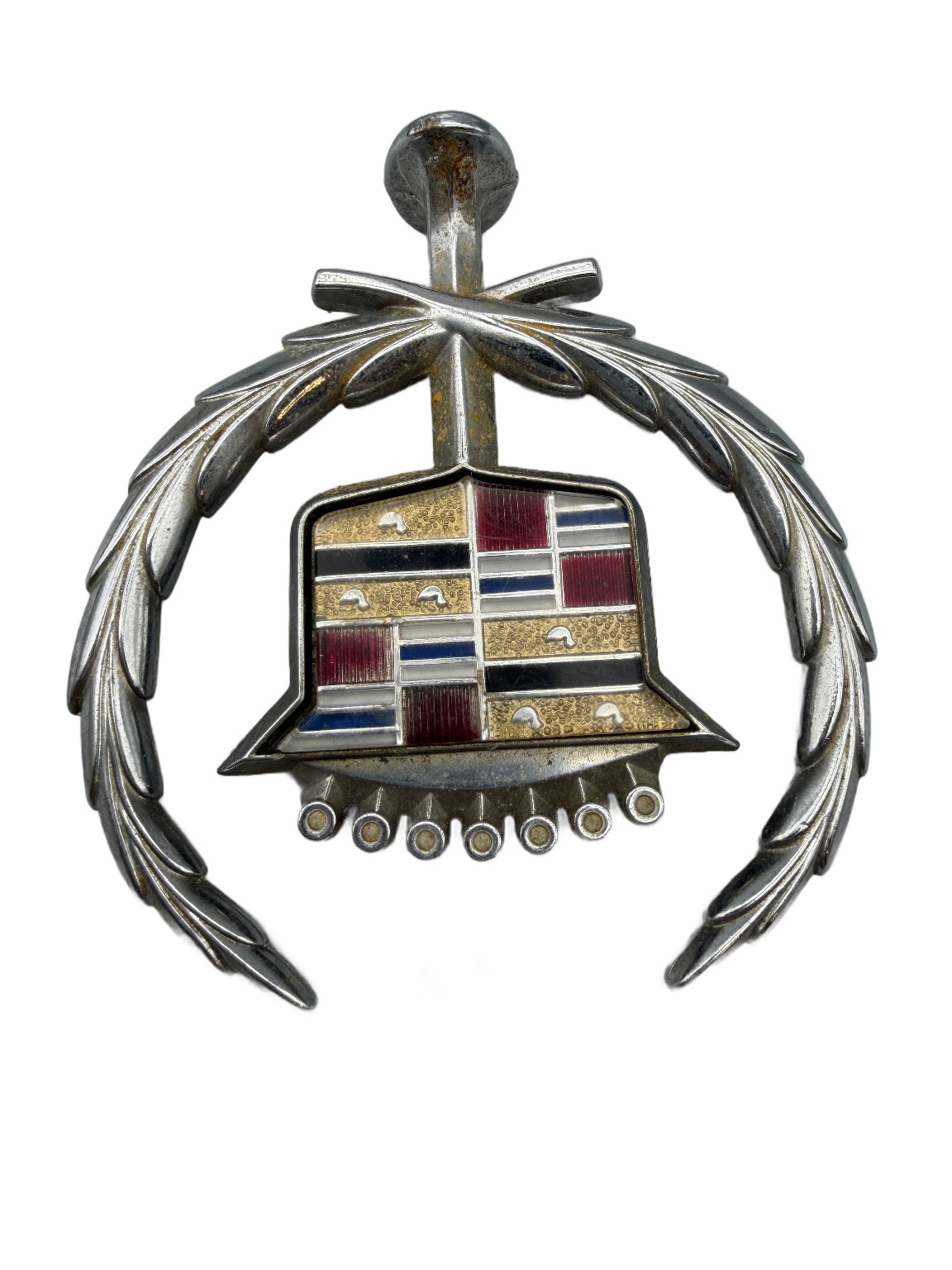 Vintage Cadillac Hood Ornament Emblem Wreath and Crest Chrome OEM