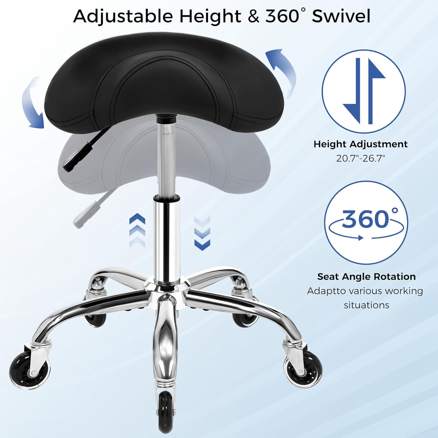 Saddle Stool with Wheels Ergonomic Swivel Adjustable Rolling Stool with PU Leath