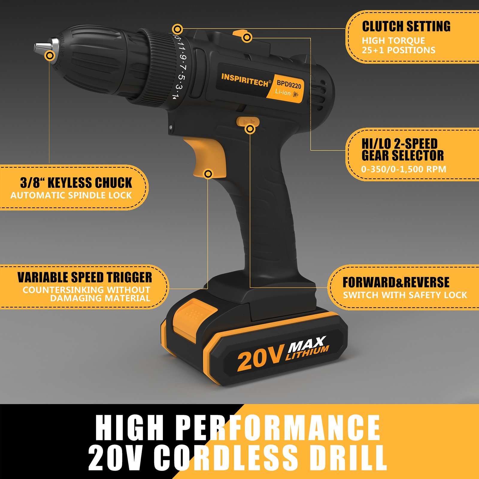Inspiritech BPD9220 20V Cordless Keyless Chuck Drill