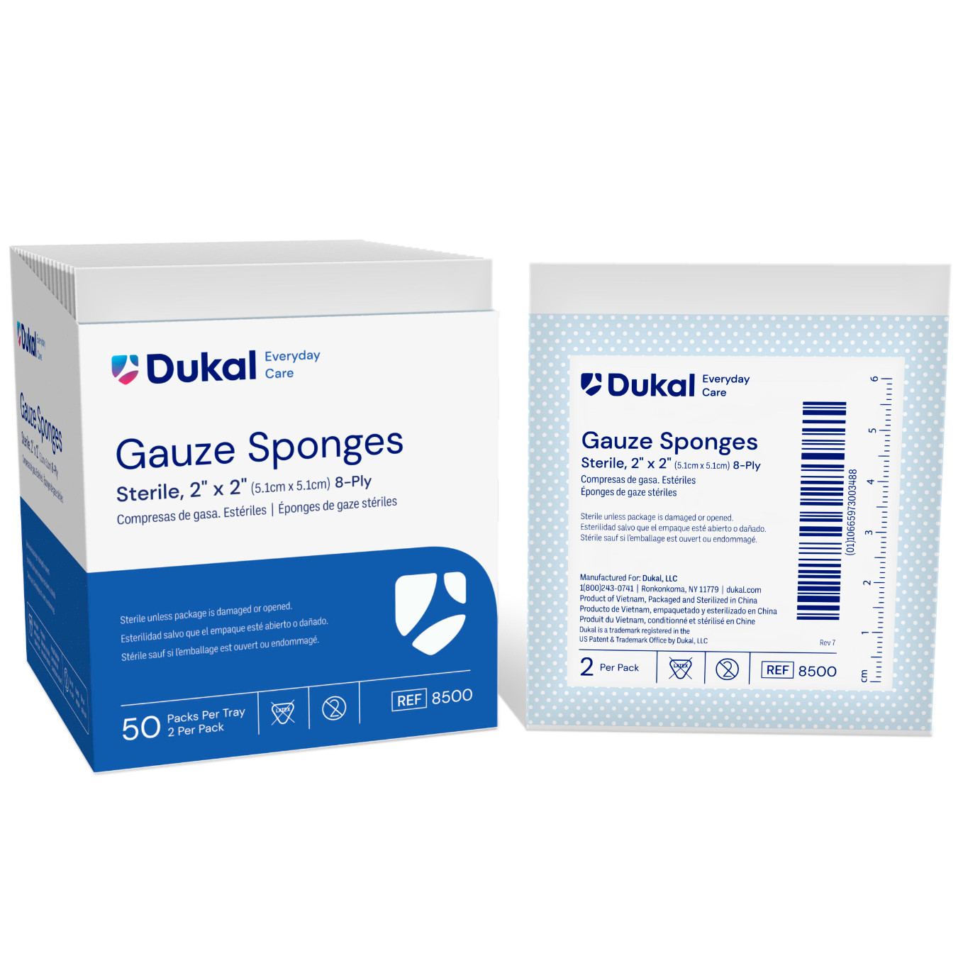 Dukal Sterile Gauze Sponges, 2" x 2", 8-Ply Cotton - Box of 100 Sponges