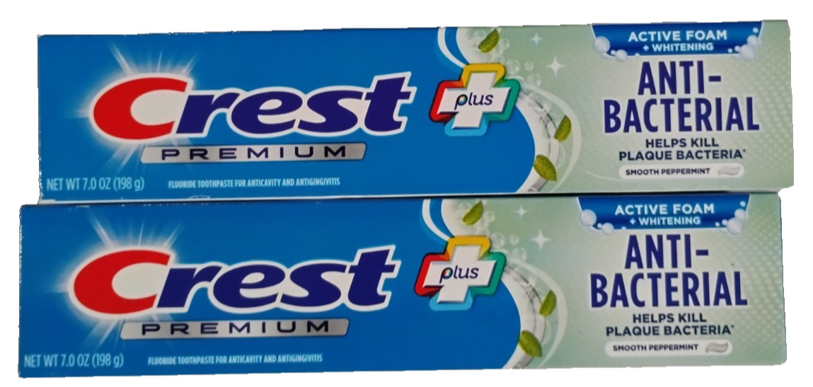 2x Crest Plus Premium Antibacterial Toothpaste Active Foam & Whitening 7 oz Ea.