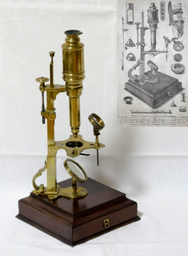 1744 John Cuff Antique Compound Microscope Brass Tube Signed Cross Stage