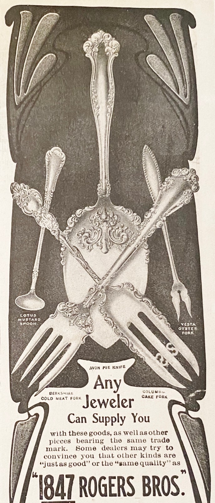 1847 ROGERS BROS Silver Plate Mustard Spoon,Pie Knife,Oyster Fork++ Vtg Print Ad