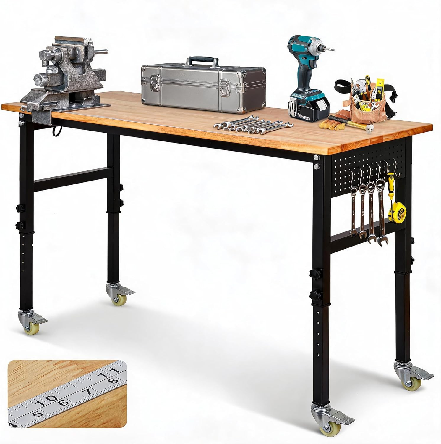 48" Adjustable Workbench, 8-Level Height Adjustable Rolling Work Table with Cast
