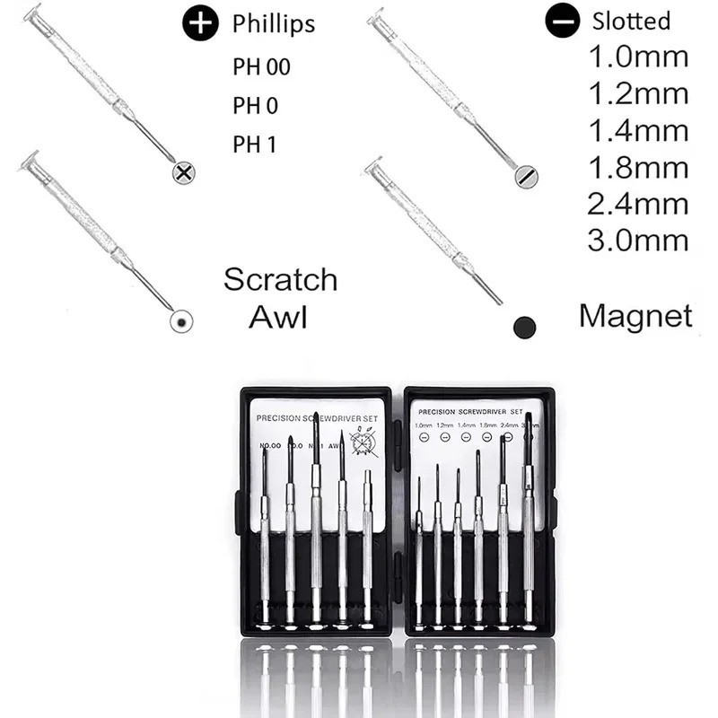 11pc Small Precision Screwdriver Set Mini 6 Sizes Flat Philips for Watch Glasses
