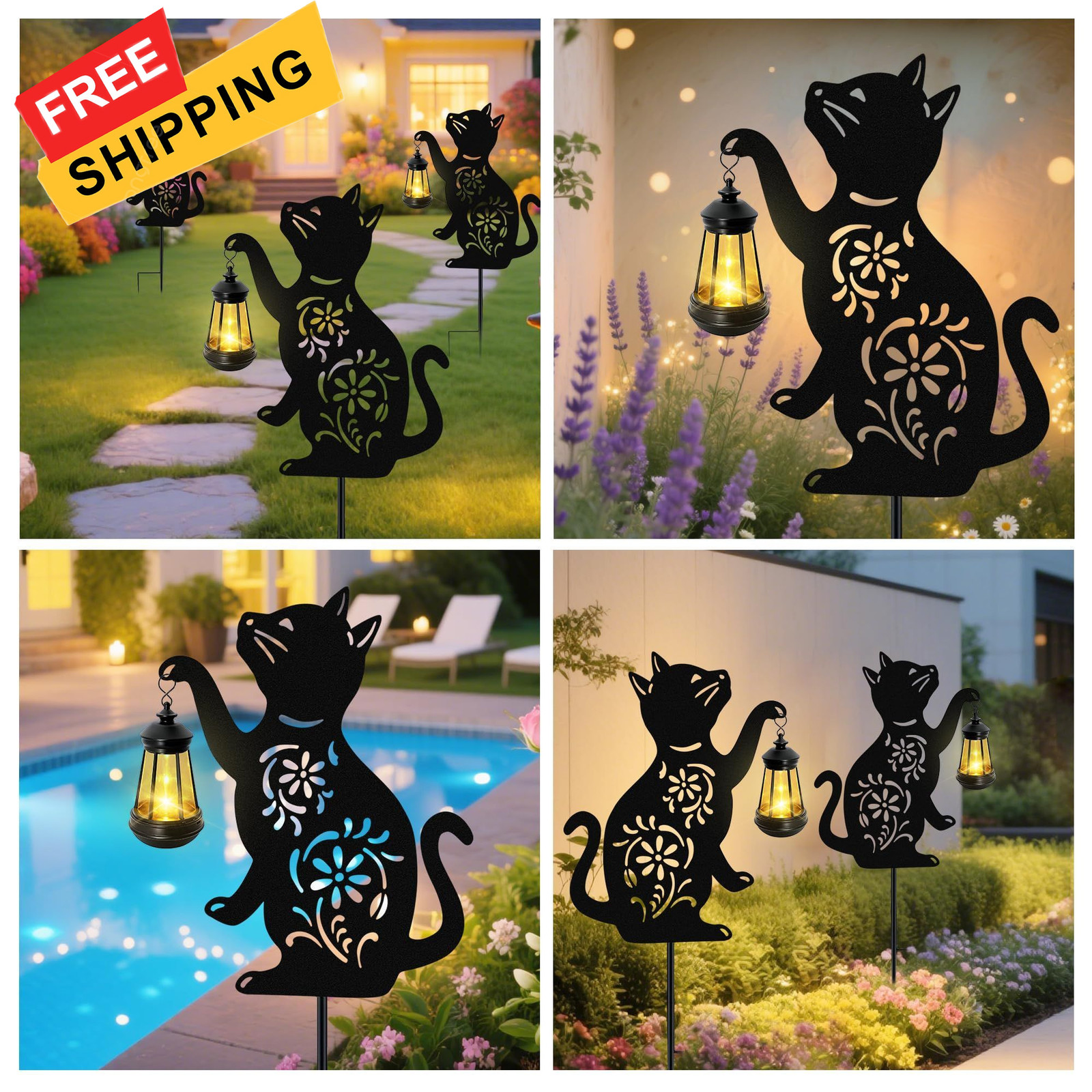 Solar Cat Hanging Lantern Outdoor, 2 Pack Black Lights, cat,