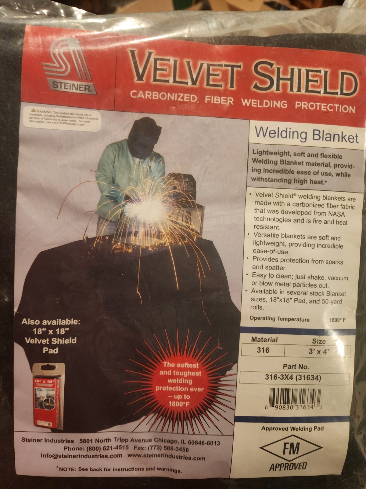 Steiner Welding Blanket 316-3x4 (31634) New In Original Packaging Never Used