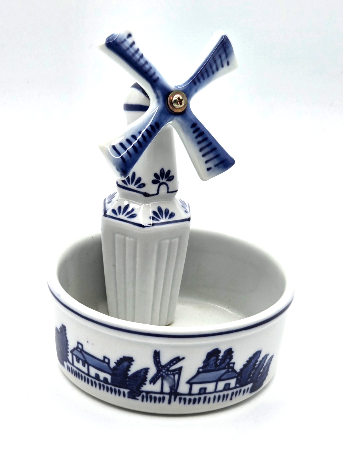 Windmill Trinket Bowl or Planter with Spinning Blades Blue & White Porcelain