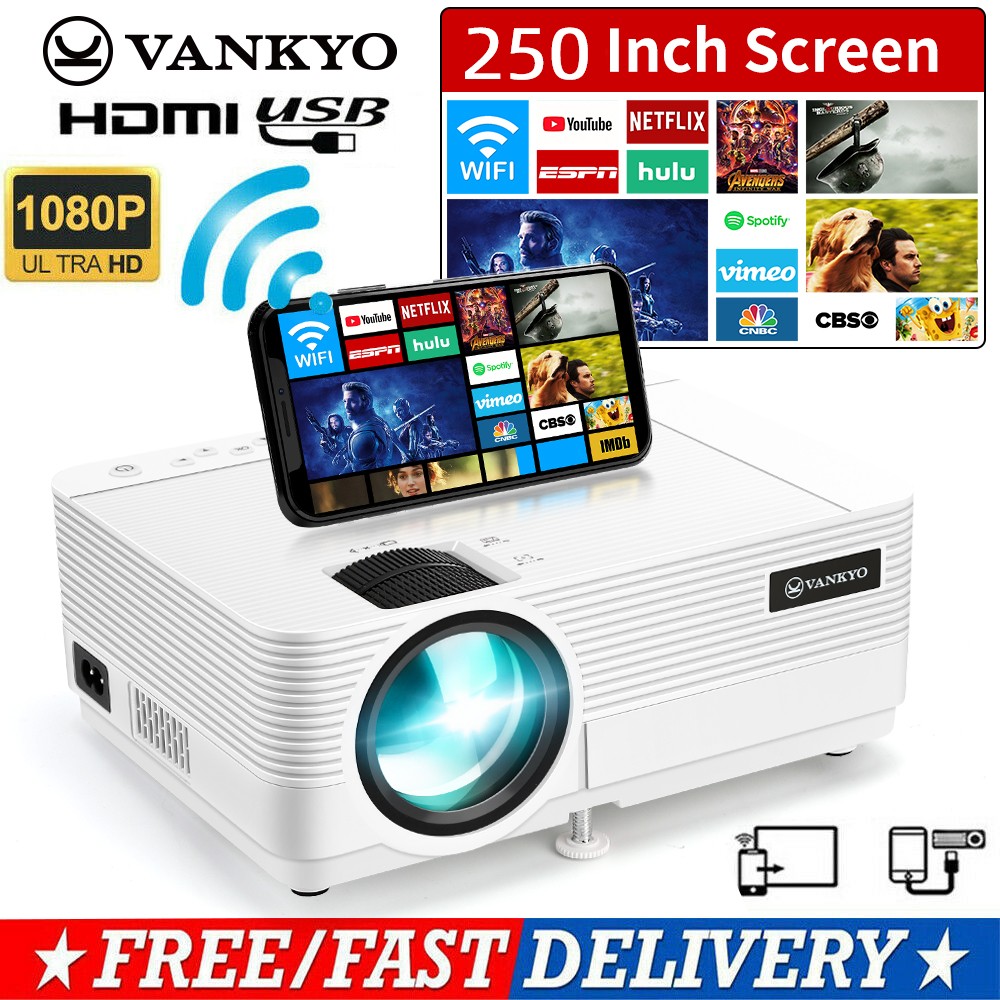 Wireless Mini Projector 250" Display WiFi 1080P Video Home Theater + 100" Screen