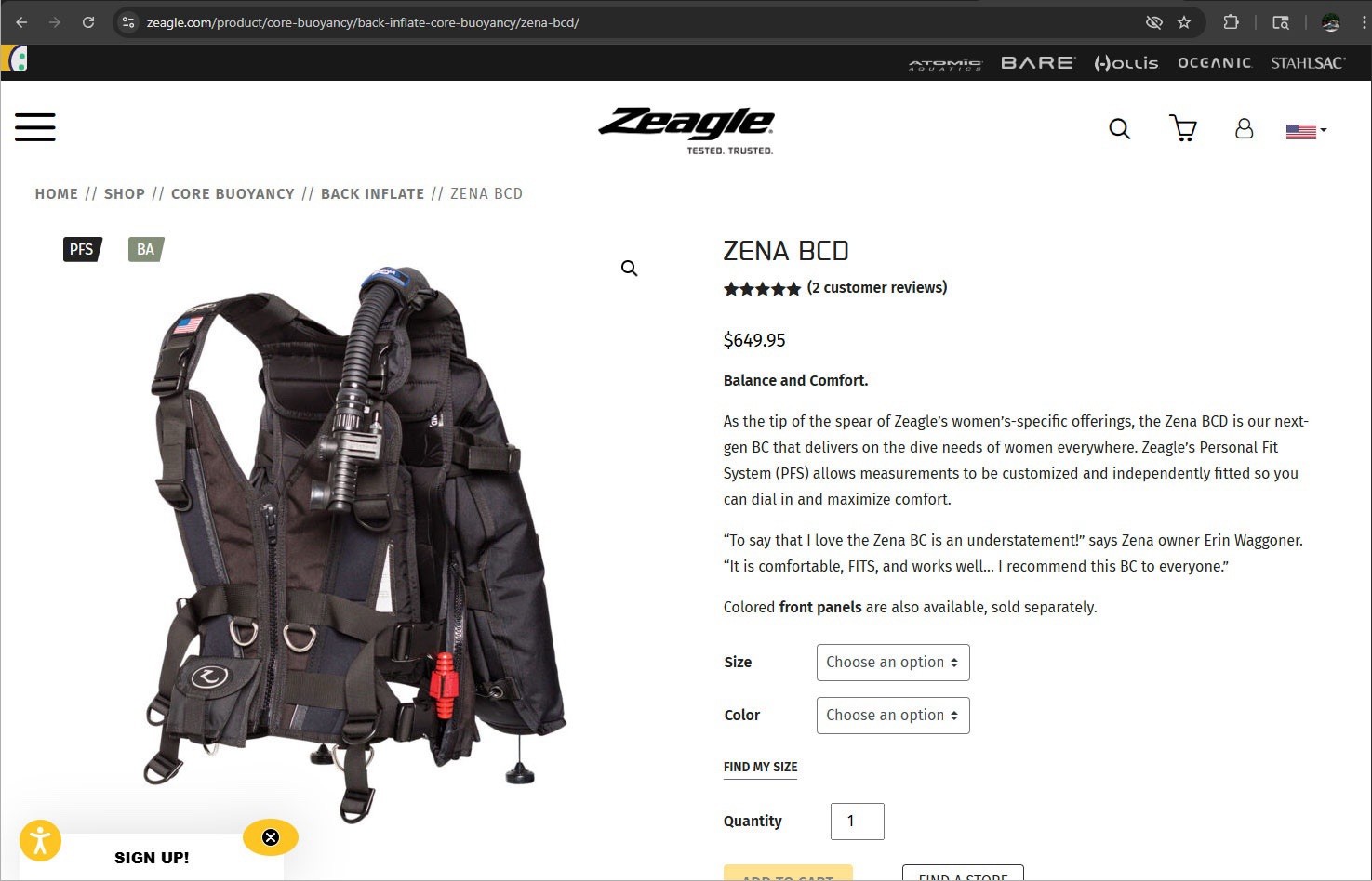 Zeagle Zena BCD (Small) with Atomic Aquatics SS1 Safe Second.