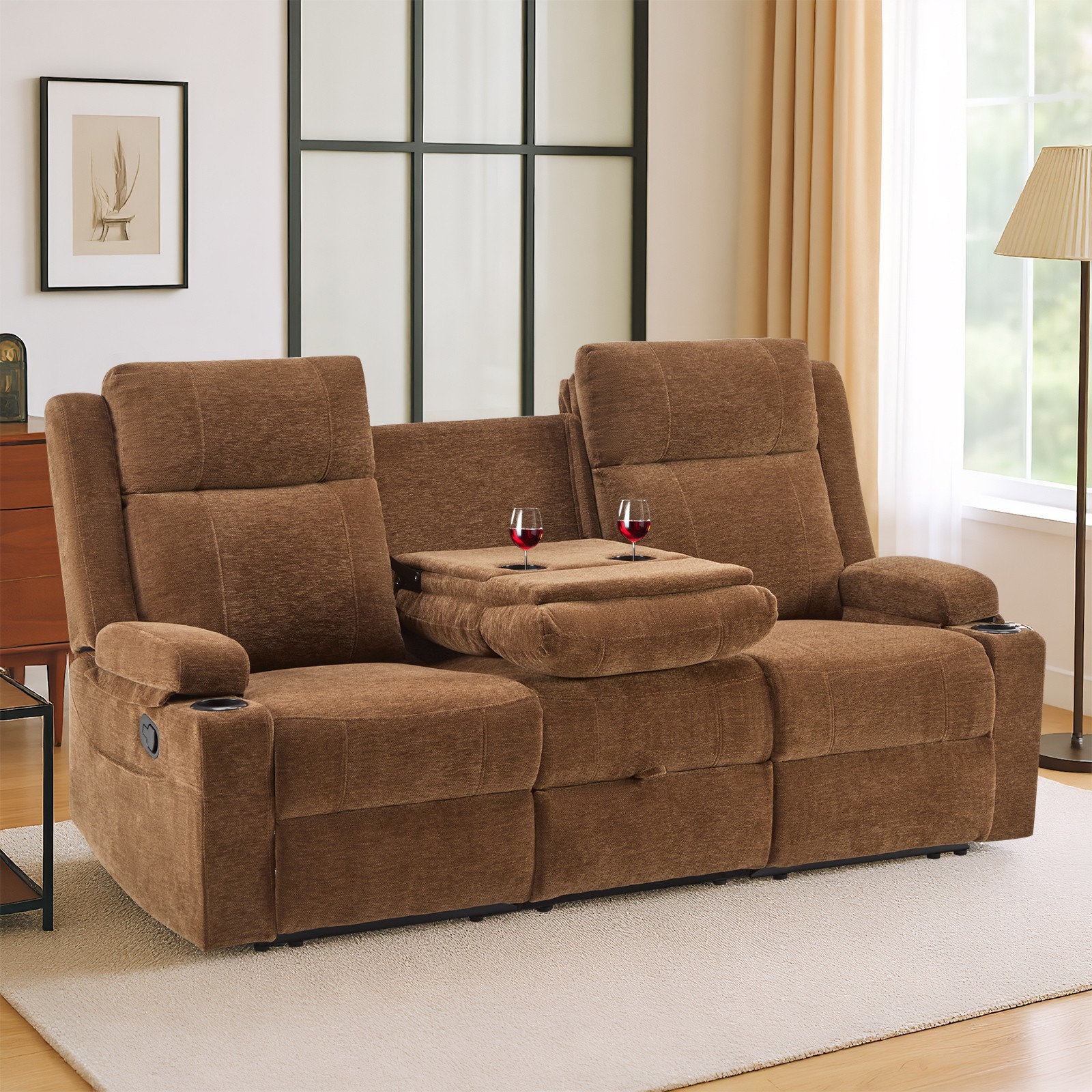 Chenille Reclining Sofa 3-Seater with Convertible Table, Storage Ottoman
