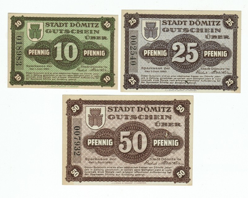 SET OF 3 GERMANY NOTGELD 10.25.50 PFENNIG STADT-DOMITZ 1920 UNC