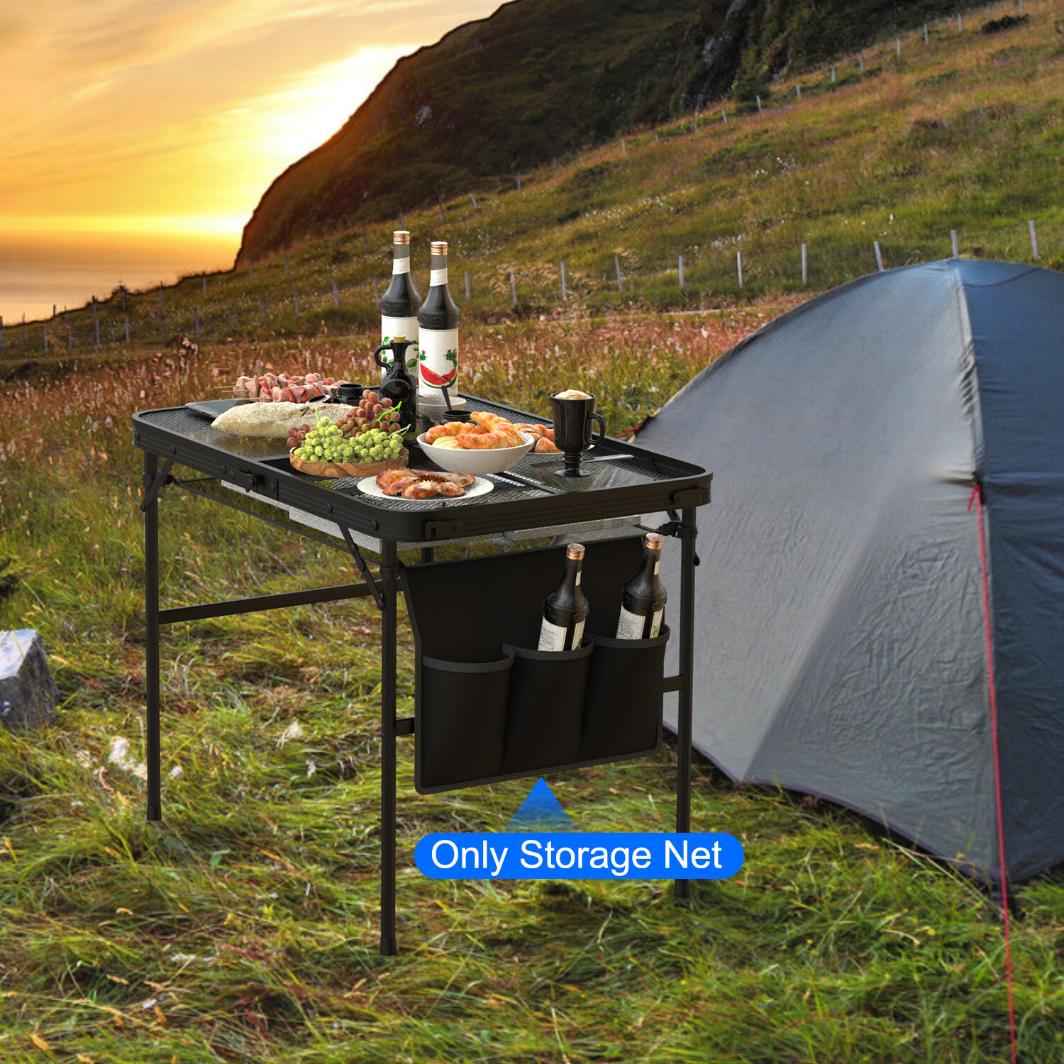 Height Adjustable Camping Table w/ Mesh Desktop, Picnic Table w/ Carry Handle
