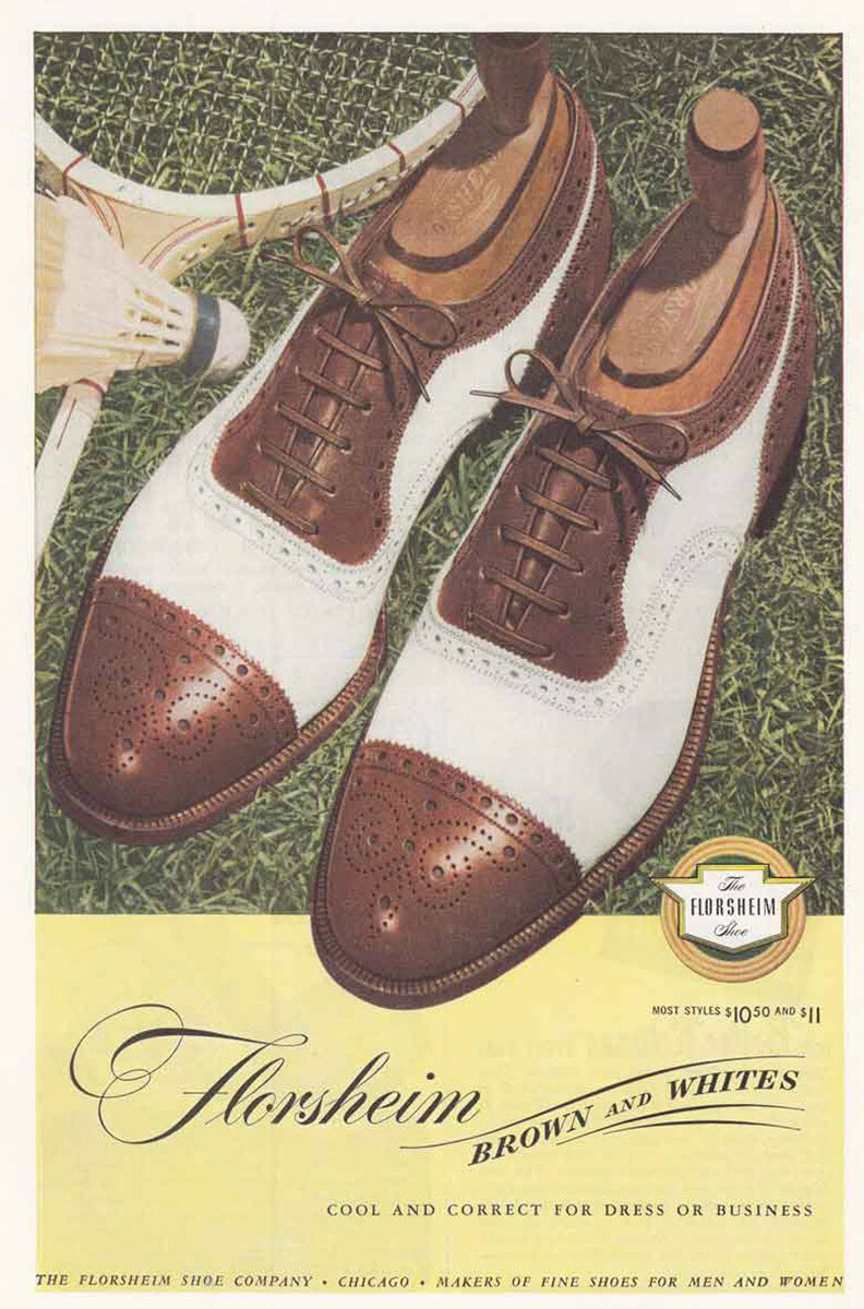 1946 Florsheim Shoes: Brown and Whites, Badmitton Vintage Print Ad