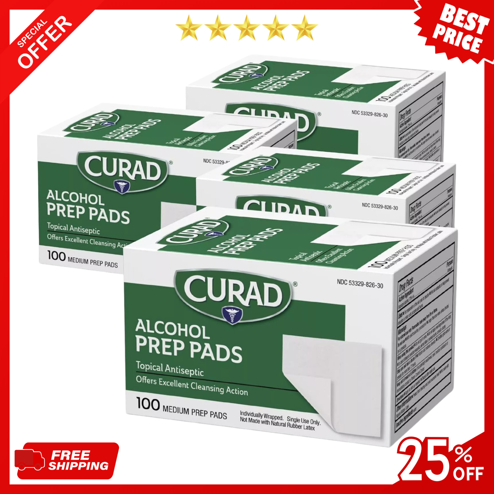 Curad Alcohol Prep Pads Swabs Wipes - 4Box 400 Counts Isopropyl Wipes Thick Pad.