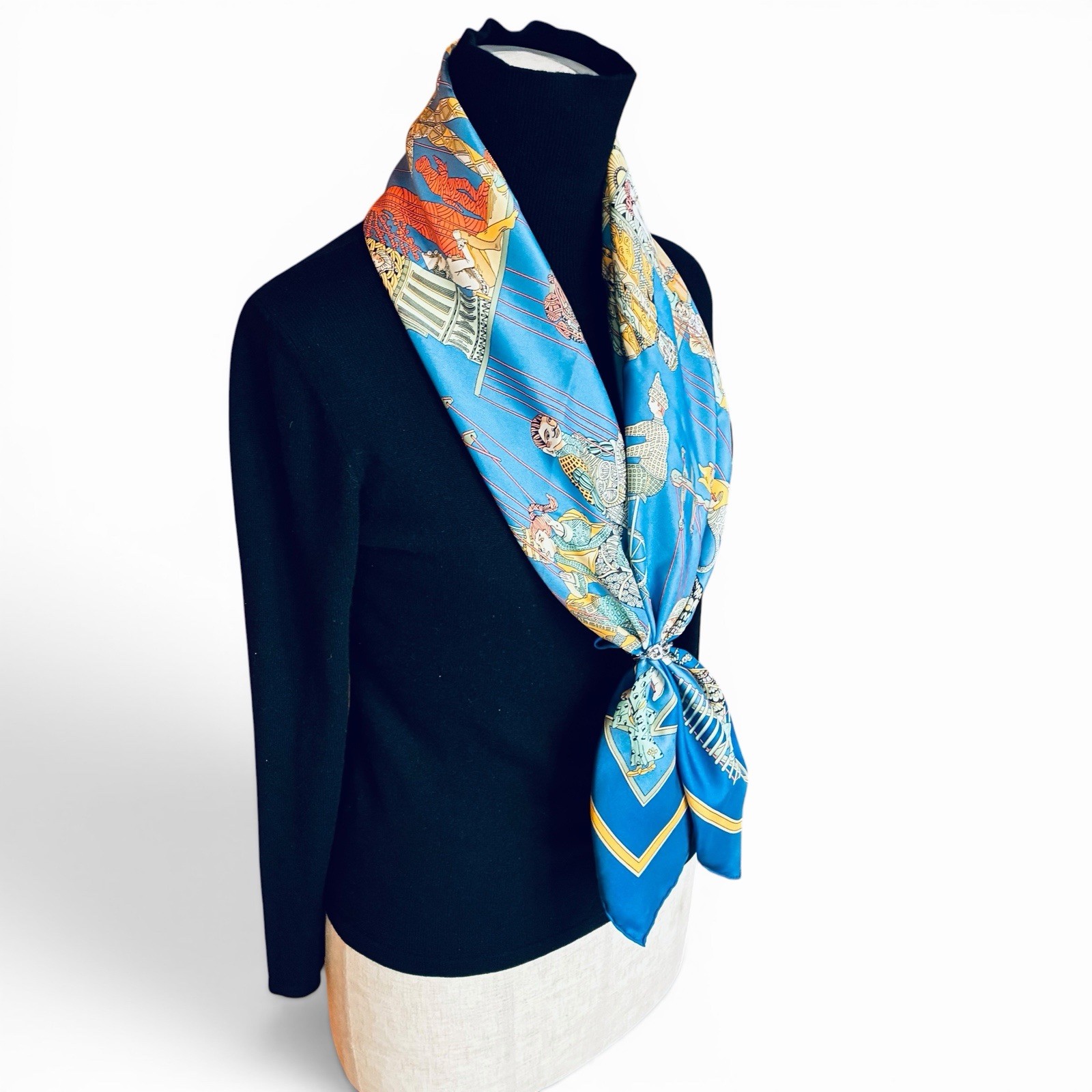 HERMES Women Silk Scarf Blue Multicolor Le Temps Des Marionnettes Carre 90