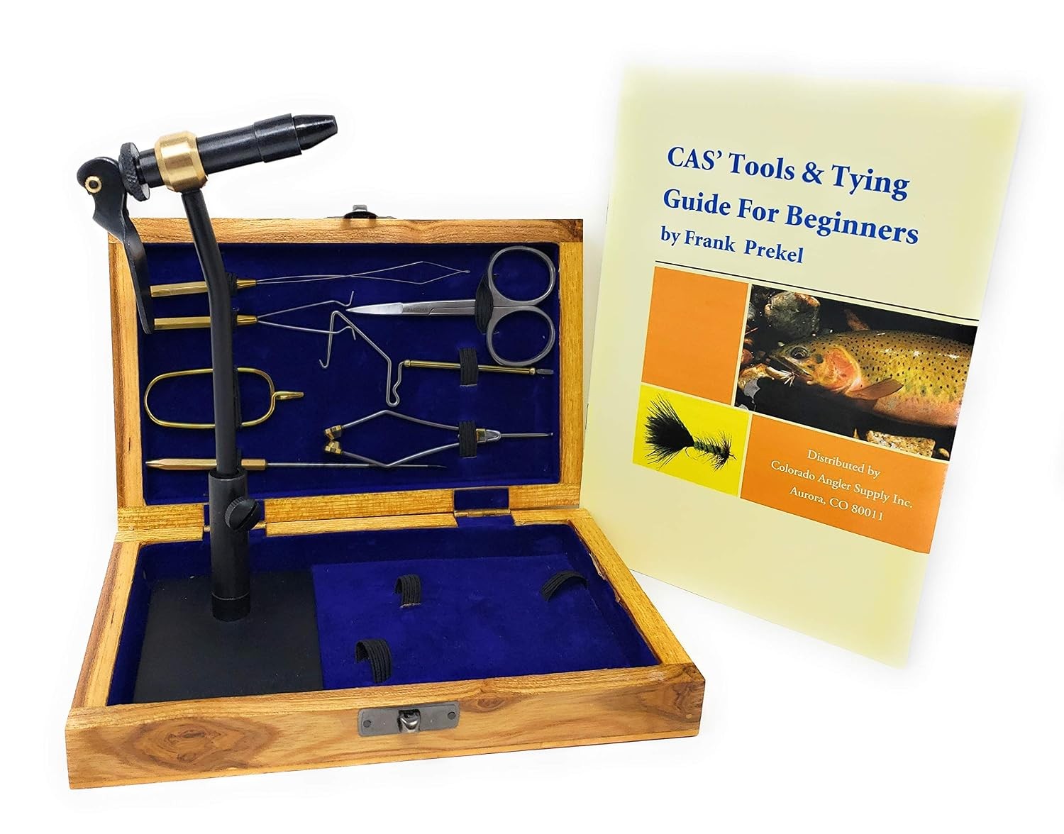 Colorado Anglers Fly Tying Standard Tool Kit with Wooden Box & Book, Rotary Vise