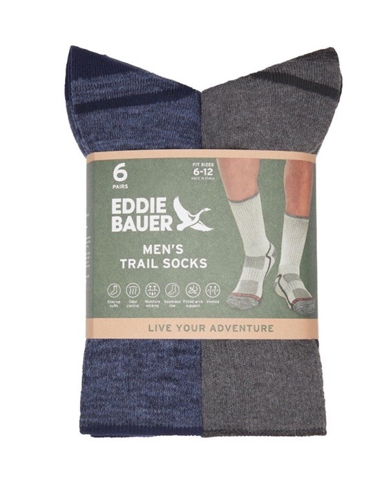 Eddie Bauer Men's Trail Socks Arch Support Fits sizes 6-12  Odor Control 6 Pairs