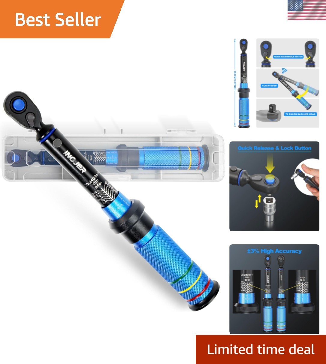 Compact 1/4" 20-240 in.lb Click Torque Wrench - Perfect for Bikes & Motorcycles