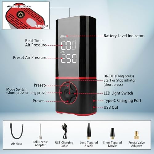 Portable Air Compressor, Tire Inflator with Digital Gauge, 2000mAh
