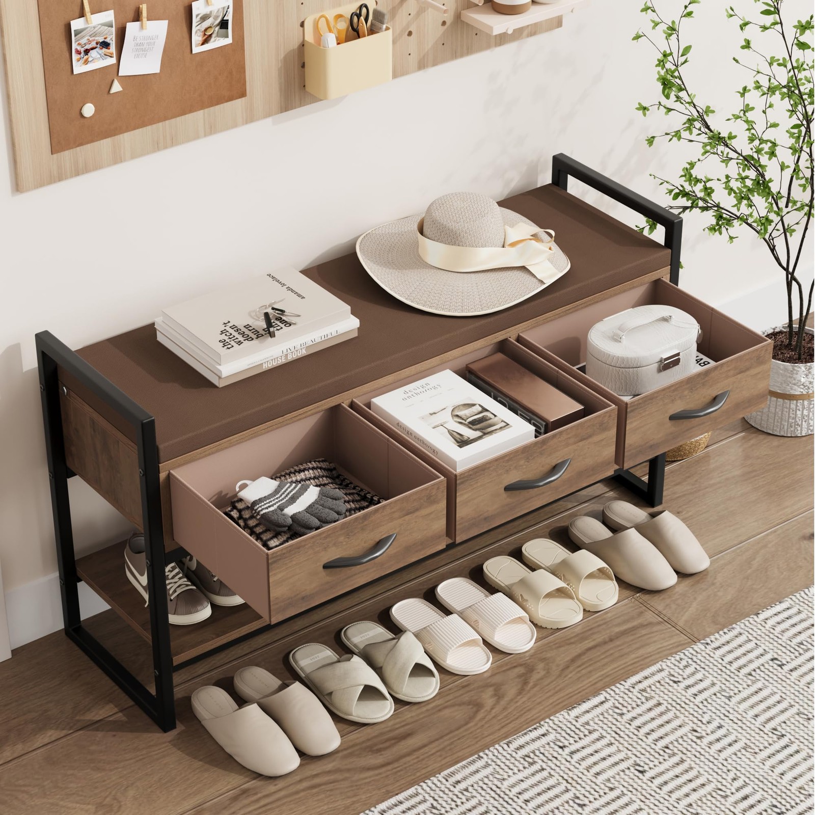 BOTLOG 39.4" Shoe Bench w/ Cushion, Industrial Storage Rack Organizer - 400lb Ca