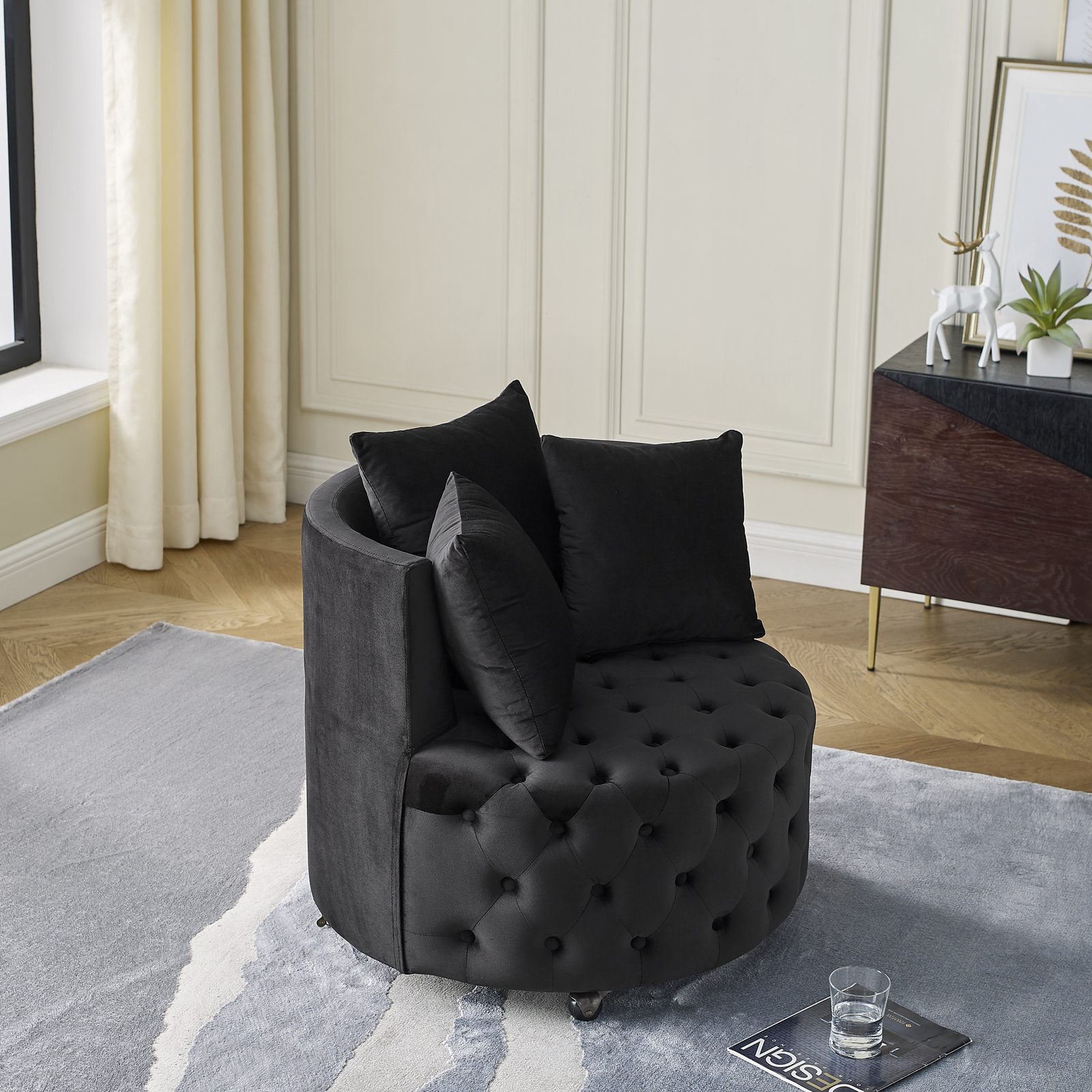 Velvet Upholstered Accent Chair Sofa Lounge Club Round Chair Living Room Black