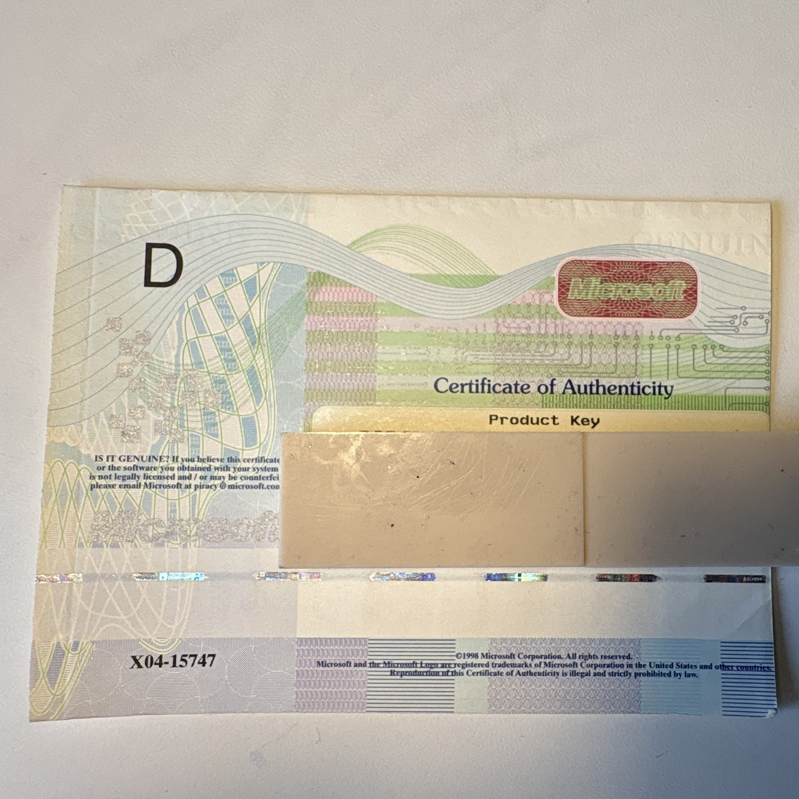Microsoft Windows 98 Second Edition Product Key Card COA X04-15747
