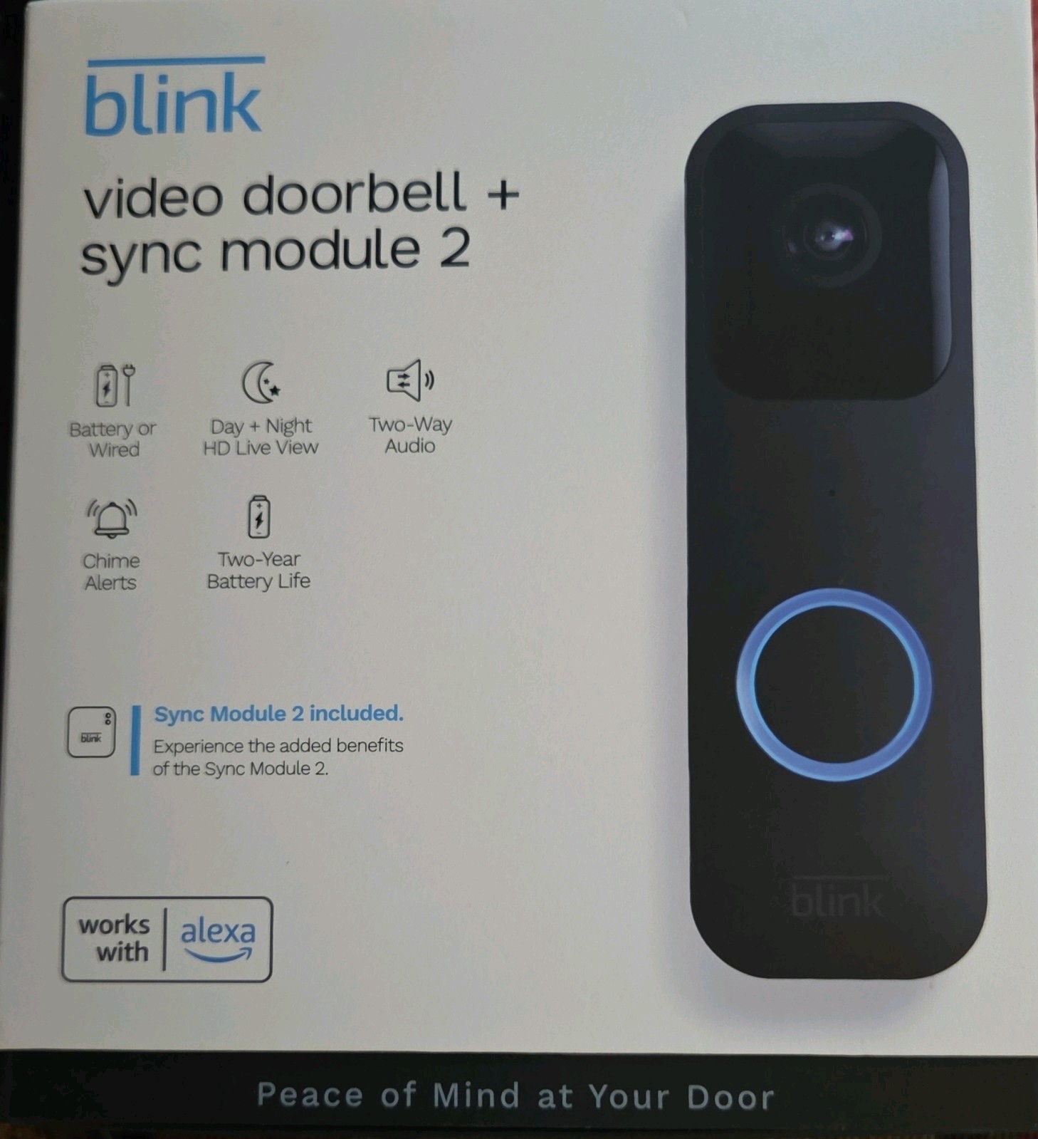 Blink Video Doorbell + Sync Module 2 Black, HD Day/Night, 2-Way Audio, Alexa