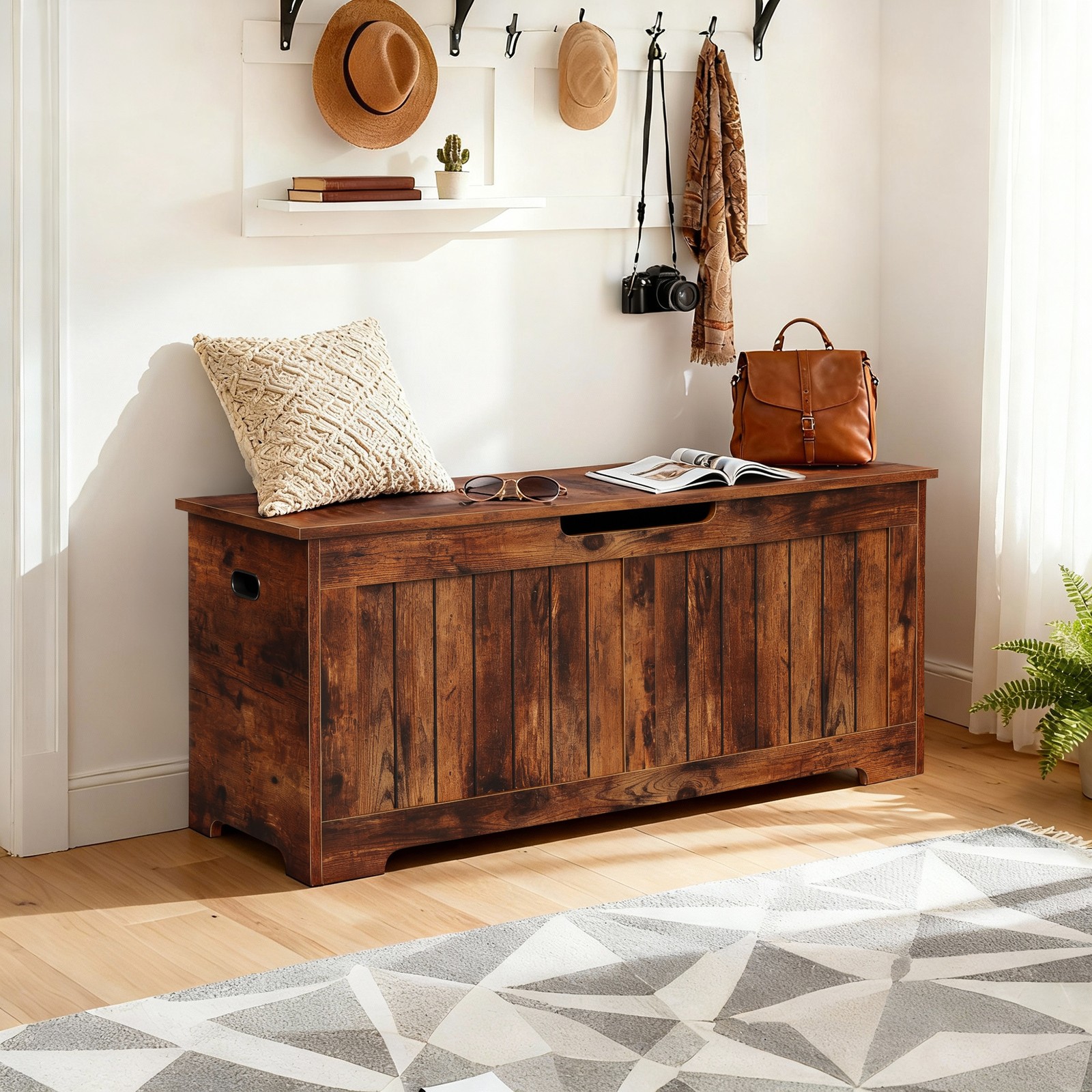 Storage Chest Storage Bench with Safety Hinge White for Playroom Rustic Brown