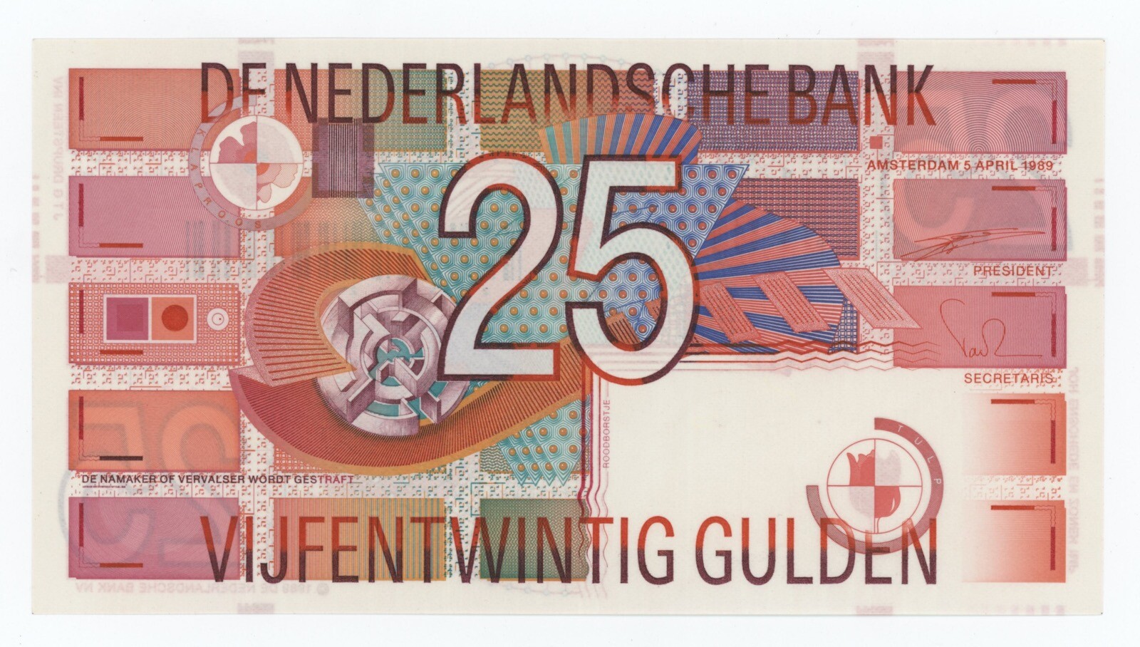 Netherlands 25 Gulden  5-4-1989 Pick 100 UNC Uncirculated Banknote