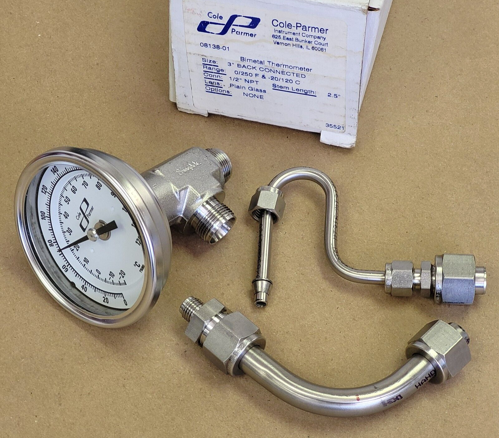 COLE PARMER 08138-01 BIMETAL THERMOMETER, 0/250 F & -20/120 C, 1/2" NPT
