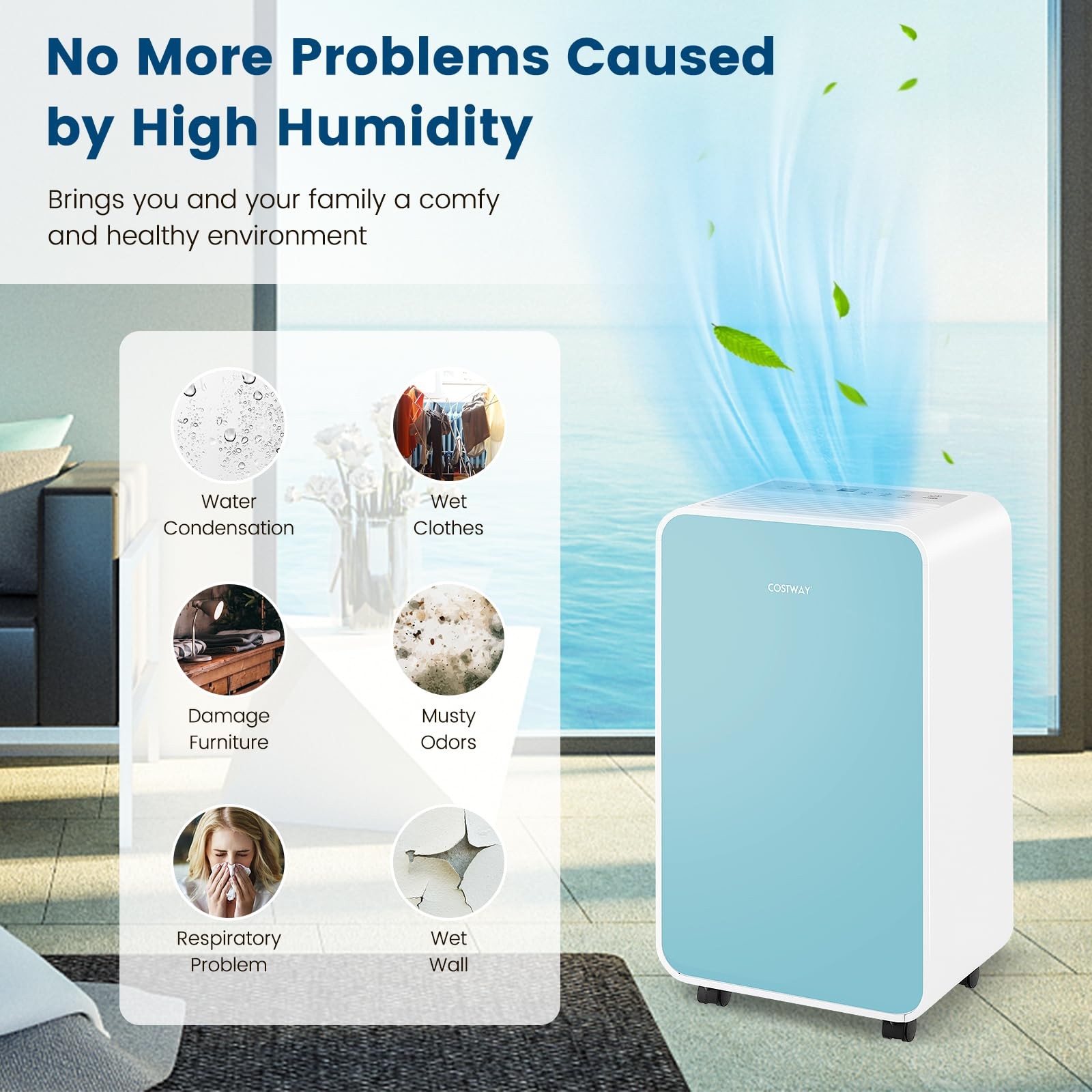 COSTWAY 2500 Sq. Ft Dehumidifier Basement 32 Pints Portable Quiet Sleep Timer Dr