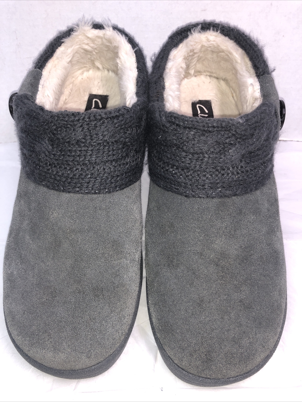 Clarks Womens Slippers Sz 10 Gray Suede Leather & Knit /Acrylic Fleece Lining #S